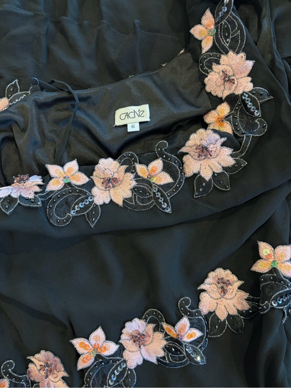 Cache Black Dress with Pink Floral Appliqué